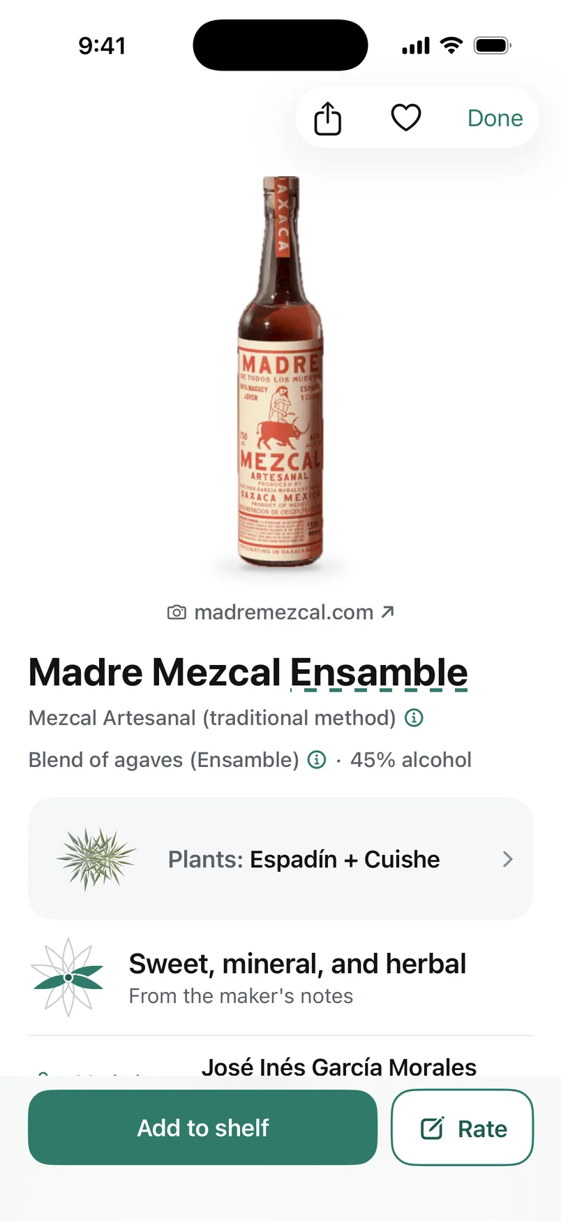 Agavist after a scan of Madre Mezcal Ensamble: the bottle itself, cut out of Madre’s own photo and credited madremezcal.com, then its name, Mezcal Artesanal (traditional method), a blend of agaves (Ensamble), 45% alcohol. Plants: Espadín and Cuishe. Sweet, mineral and herbal, from the maker’s notes. Made by José Inés García Morales y familia.